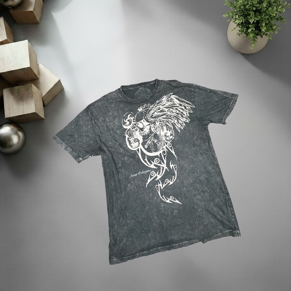 Vintage Fashion Square New Orleans Skull Winged Graphic Tee Gray Acid Wash 2XL